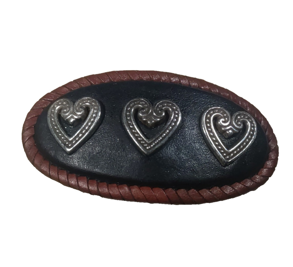 Leather Hair Barrette Tension Clip Brown Black Leather Silver Tone Hearts